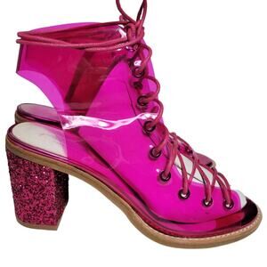 Free People Minimal Heels Pink Vinyl Jeffrey Campbell Lace Up Glitter Sparkle 8